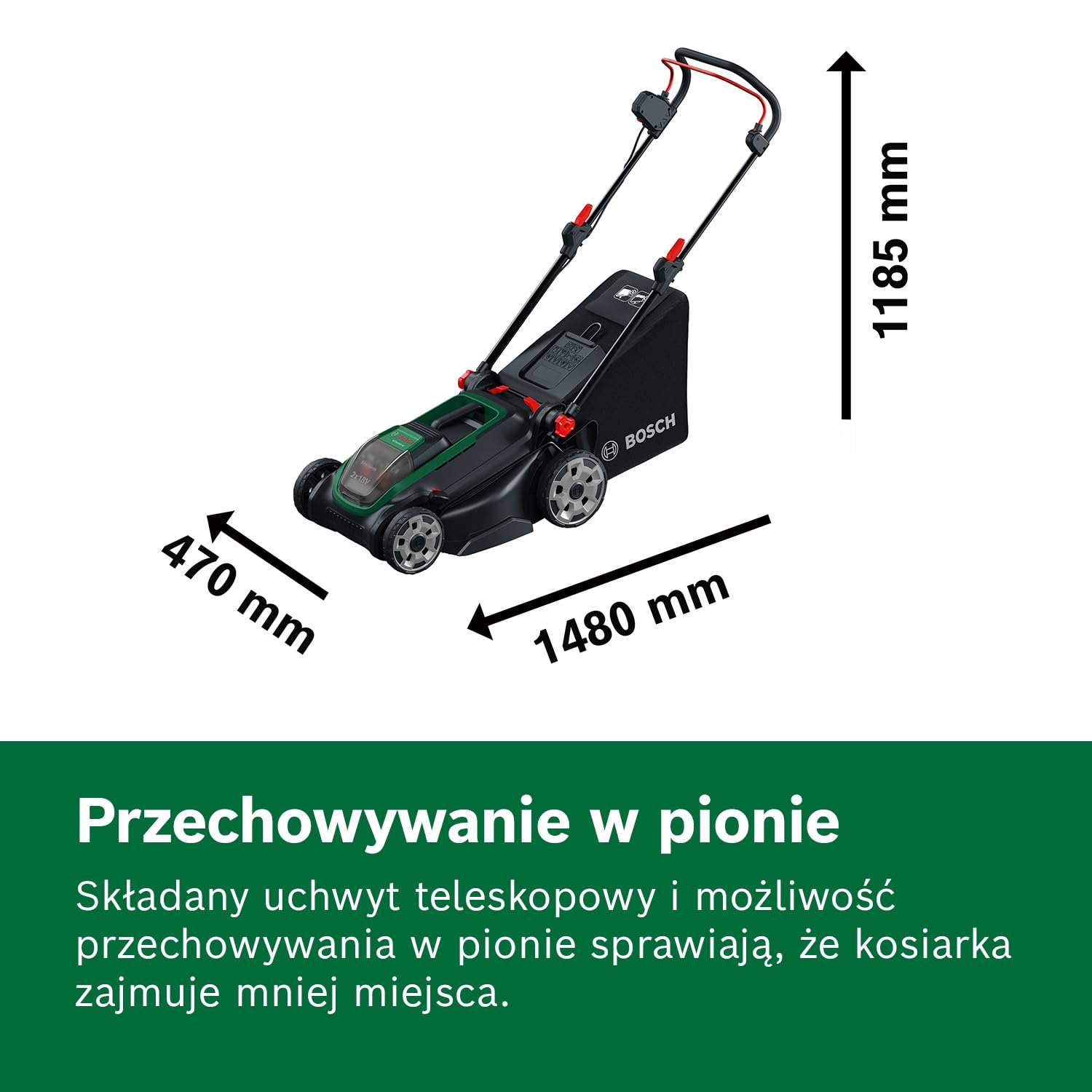 Bosch Kosiarka akumulatorowa ROTAK18V2-43 (szerokość cięcia: 43 cm, wysokość cięcia: 30 – 75 mm, materiałowy worek na trawę 50 l, przystawka do mulczowania, 2 akumulatory 18 V i ładowarka)