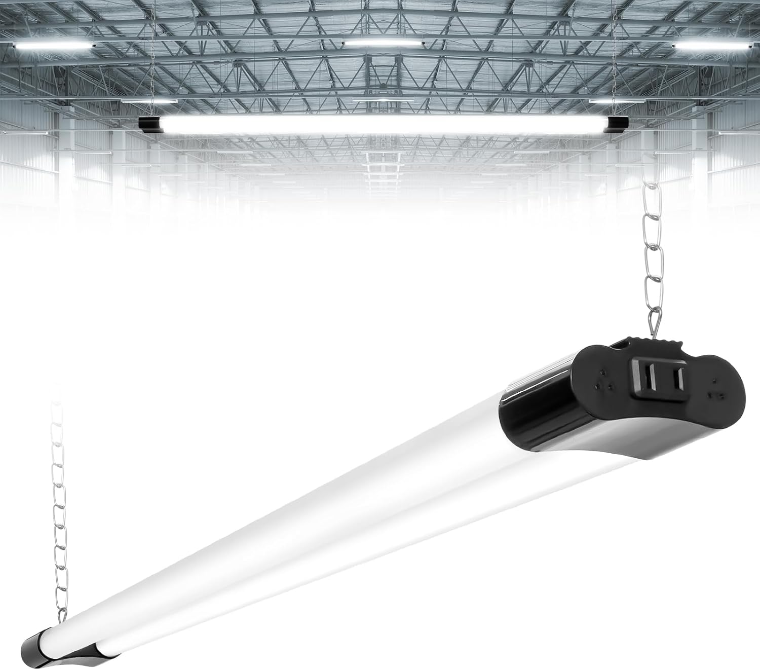 4FT Linkable LED Shop Light with Plug, 45W 5000LM Linkable LED Utility Shop Light 6500K Cool Daylight, 48 Inch Integrated Fixture for Garage, Suspension or Surface Mount, 40cm Chain Included