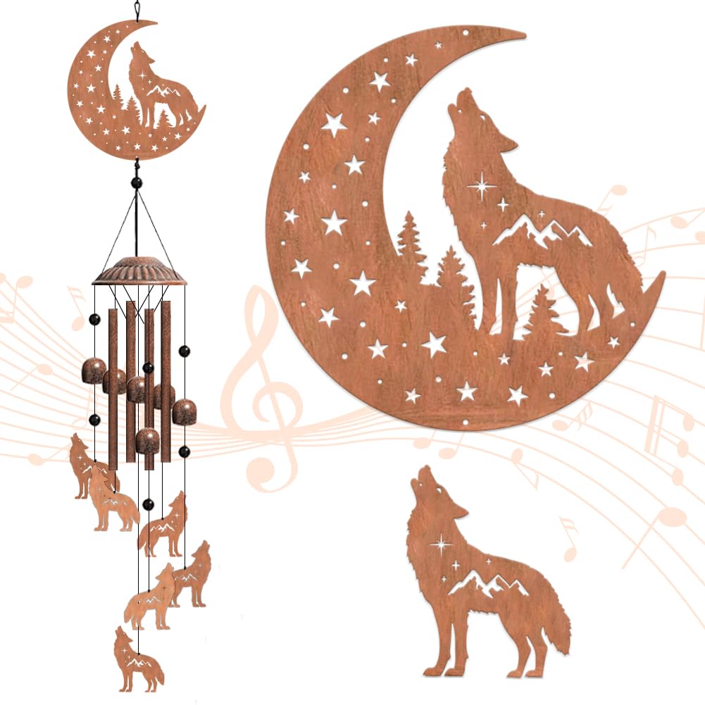 OLYCRAFT Howling Wolf Wind Chimes Moon Star Iron Bells Memorial Chimes Decorative Metal Bell Creative Hanging Pendants Forest Wind Catcher Wolf Dream Catcher for Home Patio Garden Yard Wedding Decor