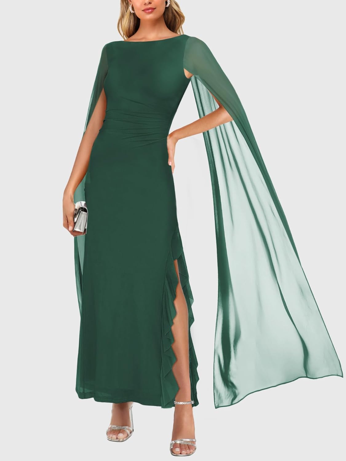 MEDIUM Lrady Women's Formal Evening Gowns High Split Ruffle Wedding Guest Cape Sleeve Cocktail Party Maxi Dresses