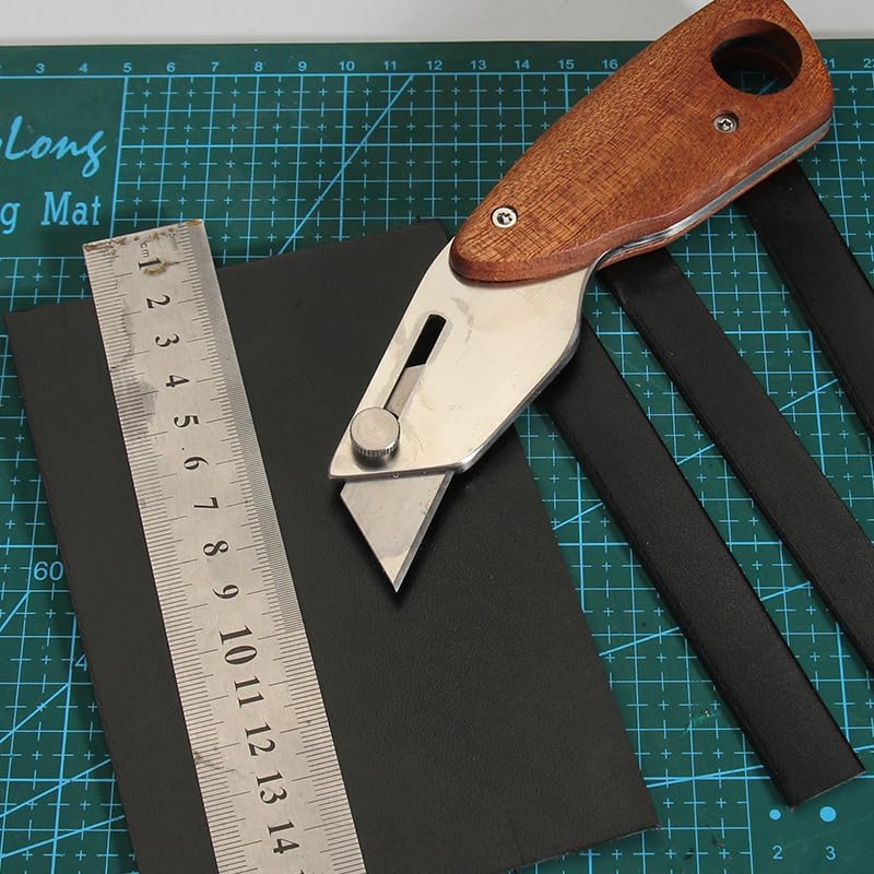 Premium Retractable Leather Knife with Walnut Handle - Heavy Duty Stainless Steel Leather Cutter, Zero Wobble Locking Mechanism, Includes 10 Trapezoid & 10 Hook Blades for DIY Crafts & Box Cutting