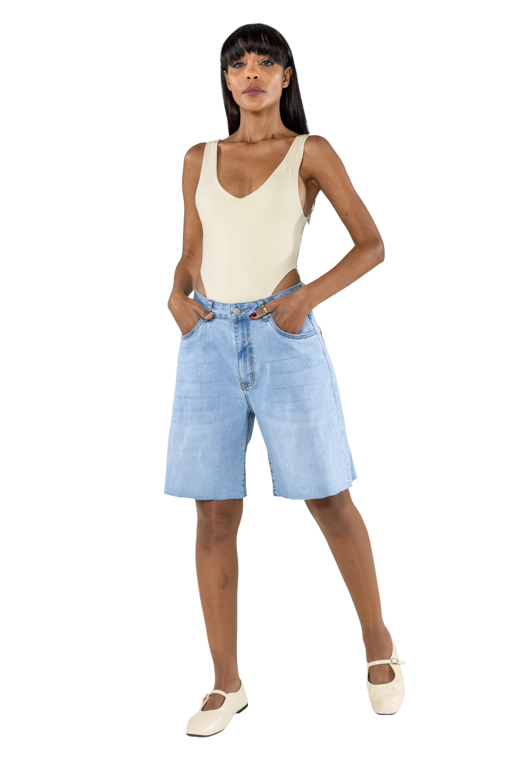 Nina Carter Pantaloncini in jeans da donna P619, lunghi bermuda in denim, taglio ampio, orlo sfilacciato, pantaloncini estivi elasticizzati, bermuda da donna
