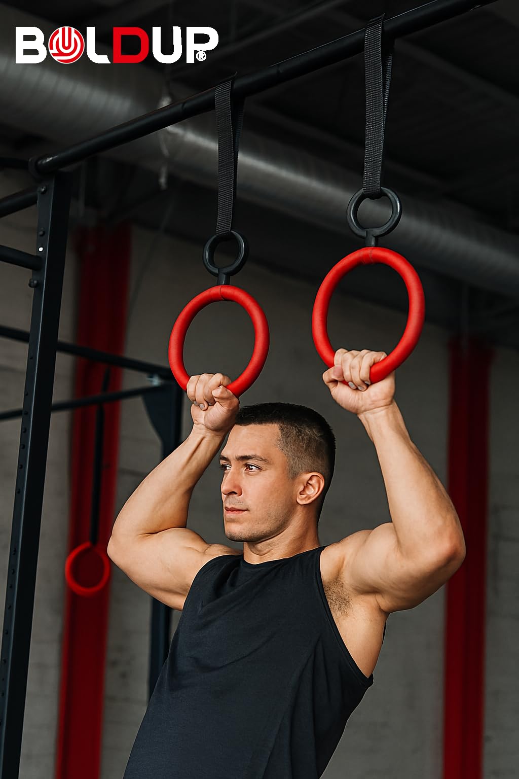 BOLDUP Strong Metal Gym Ring Handle for Playground Swing and Climbing Equipment | Long-Lasting Red-Coated Ring with Hanging Hook for Indoor and Outdoor Fitness for Children and Adults(Pack of 2) 1