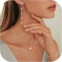 FUNRUN 14K Gold Plated Dainty Pearl Necklace Set for Women - Adjustable Choker, Bracelet & Drop Earrings, Wedding Jewelry Gift