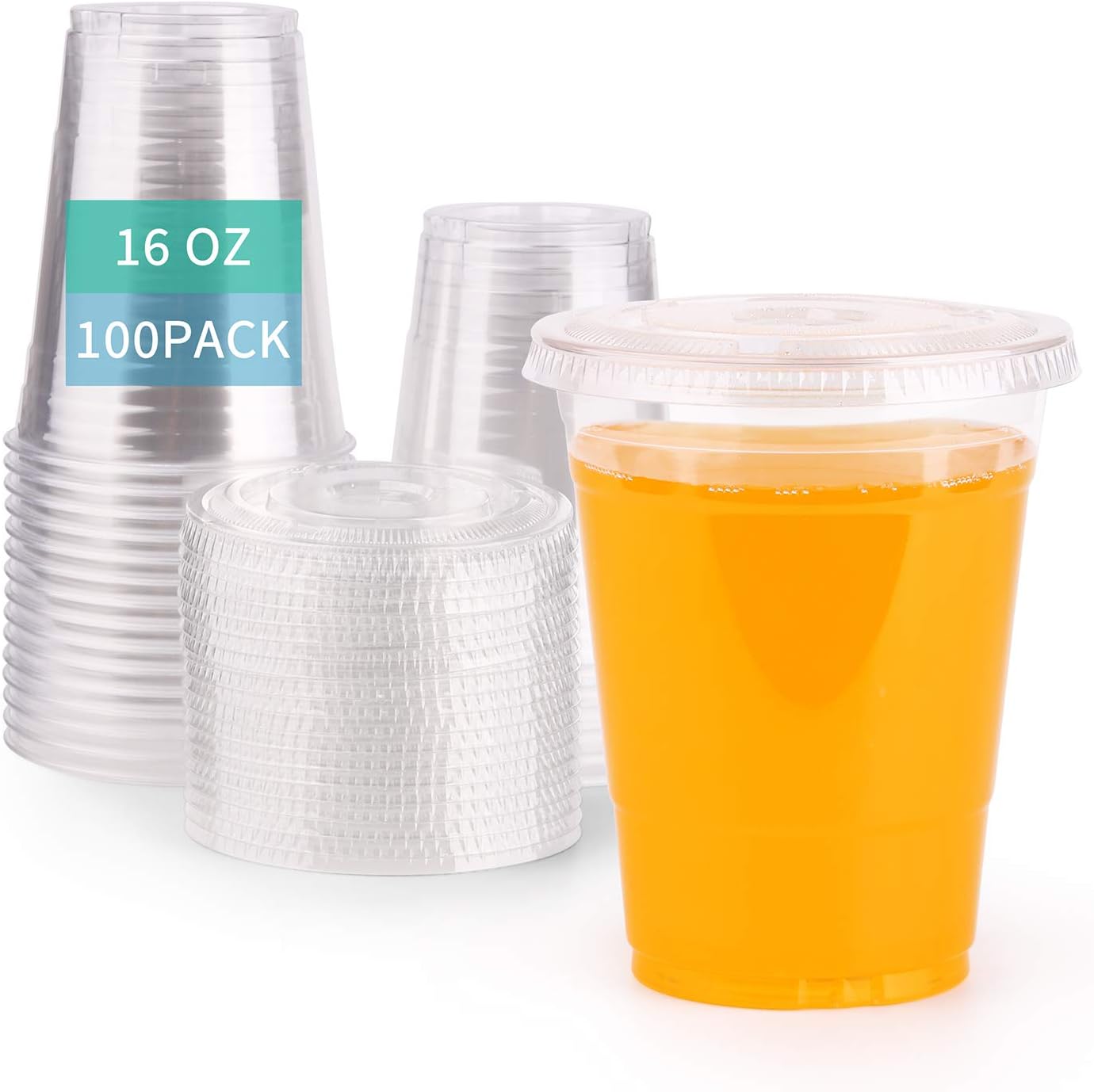 FULING[100 Sets - 16 oz.] Clear Plastic Cups with Slot Lid, BPA Free PET Crystal Clear Disposable 16oz Plastic Cups with Lids