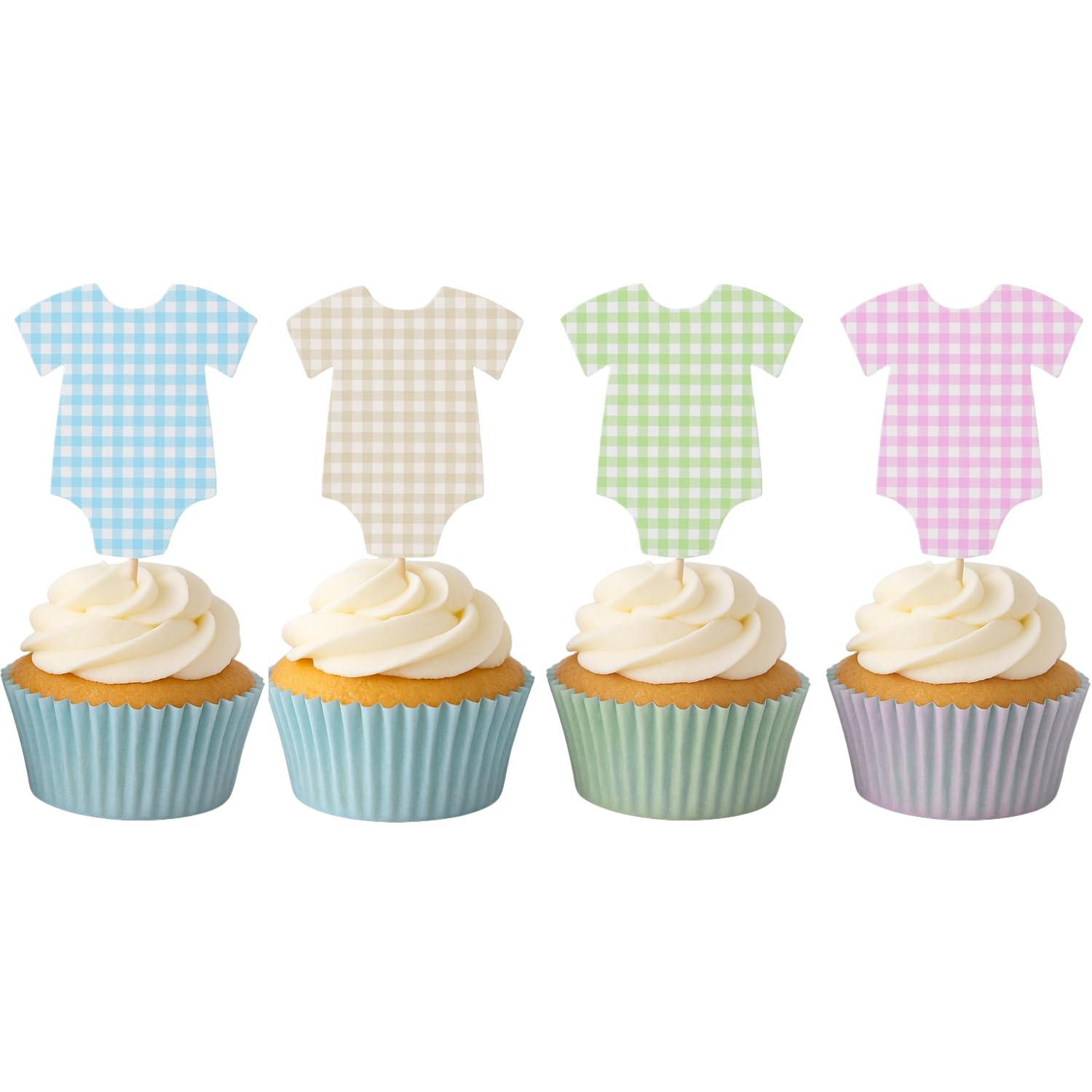 ALISSAR 36 Pcs Blue Pink & Sage Green Gingham Cupcake Toppers - Baby Shower Decorations for Boys Girls & Gender Neutral, Bodysuit & Cake Toppers Set, Diaper Cake Decor, Gender Reveal Party Supplies