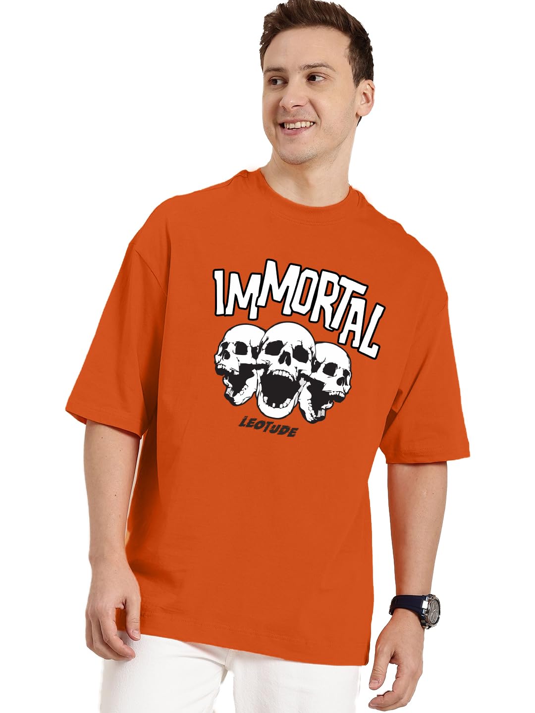 LEOTUDEHalf Sleeve Oversized Cottonblend Round Neck Drop Shoulder Printed T-Shirt for Men's (Color Orange)