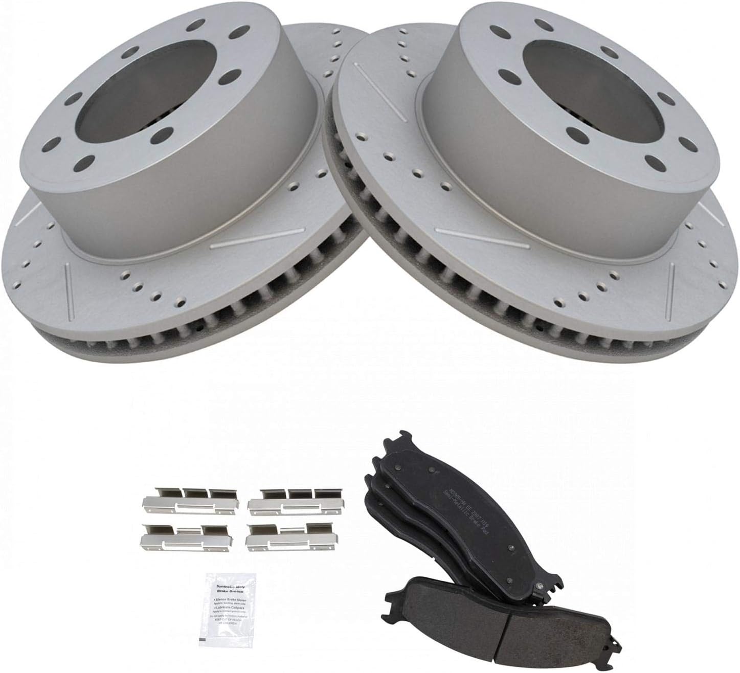 TRQ Front Performance Brake Pad & Rotor Kit Brake Pads Brake Rotors Set Semi-Metallic Premium G-Coated Compatible with 2006-2008 Dodge Ram 1500 2003-2008 Ram 2500 Ram 3500