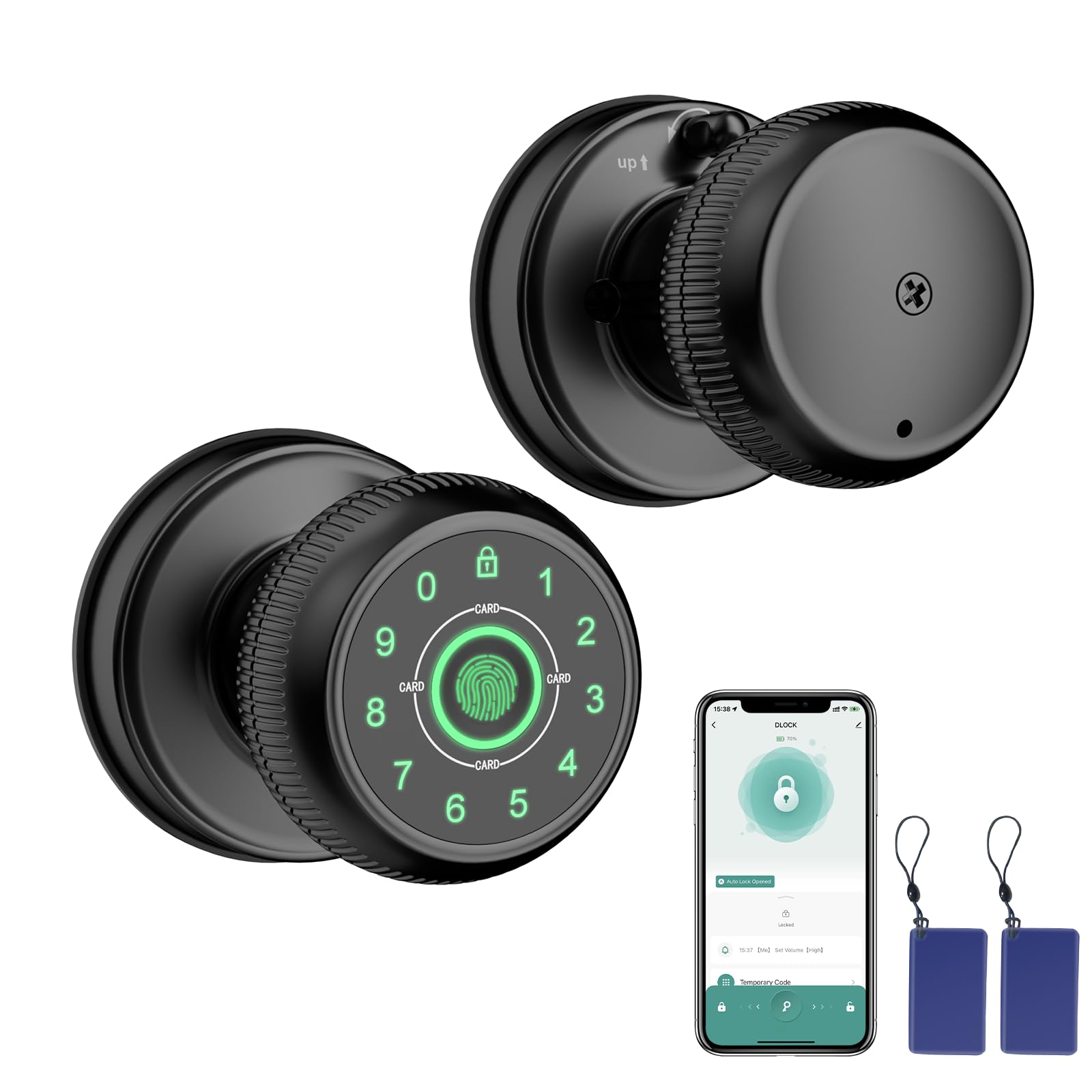 BIWIBON 5-in-1 Smart Door Knob, Fingerprint Door Knob with App Control, Smart Fingerprint Door Lock,Auto Lock, Ideal for Home, Bedroom, Office, Black