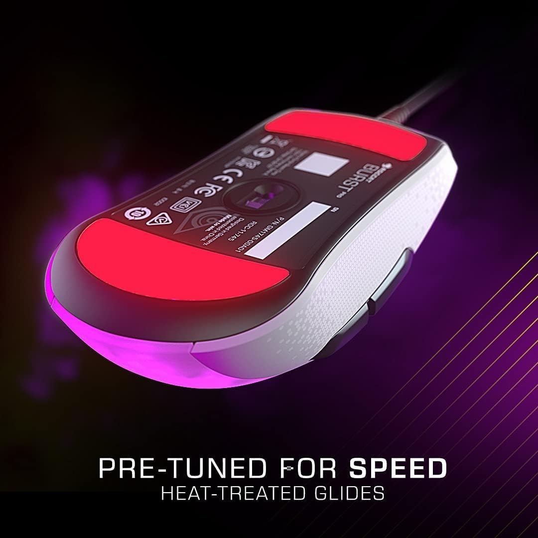 Underside of the ROCCAT Burst Pro mouse, showing the red heat-treated pure PTFE glides.