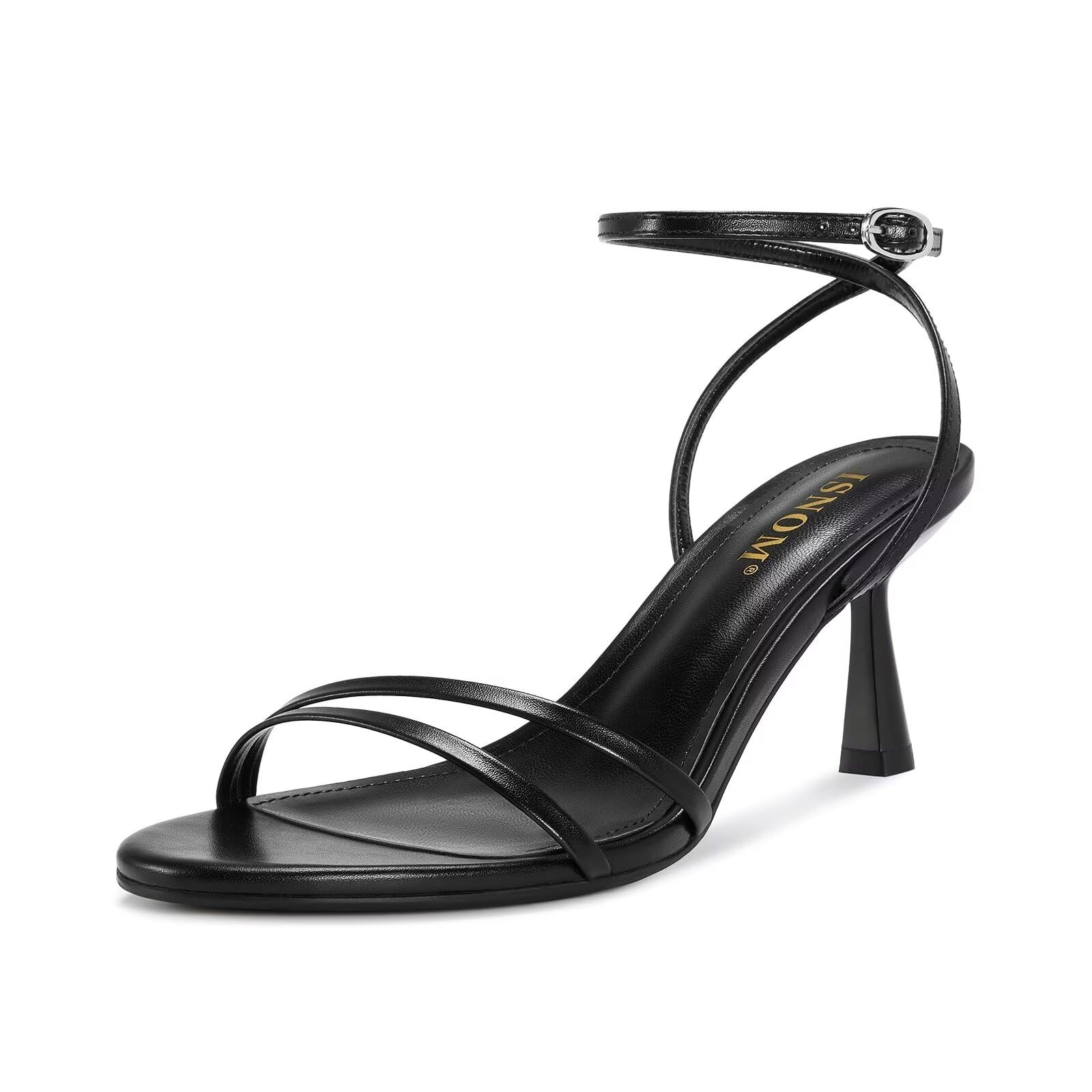 ISNOM Womens Sandals Round Toe Low Heels Strappy Ankle Strap Kitten Heel Comfort Dress Party Shoes