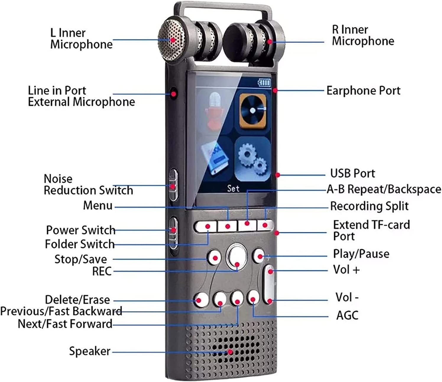 Cyfrowy dyktafon 8 GB, aktywowany głosem, z odtwarzaniem, mały magnetofon do wykładów, spotkań, wywiadów, mini rejestrator audio, ładowanie USB, MP3