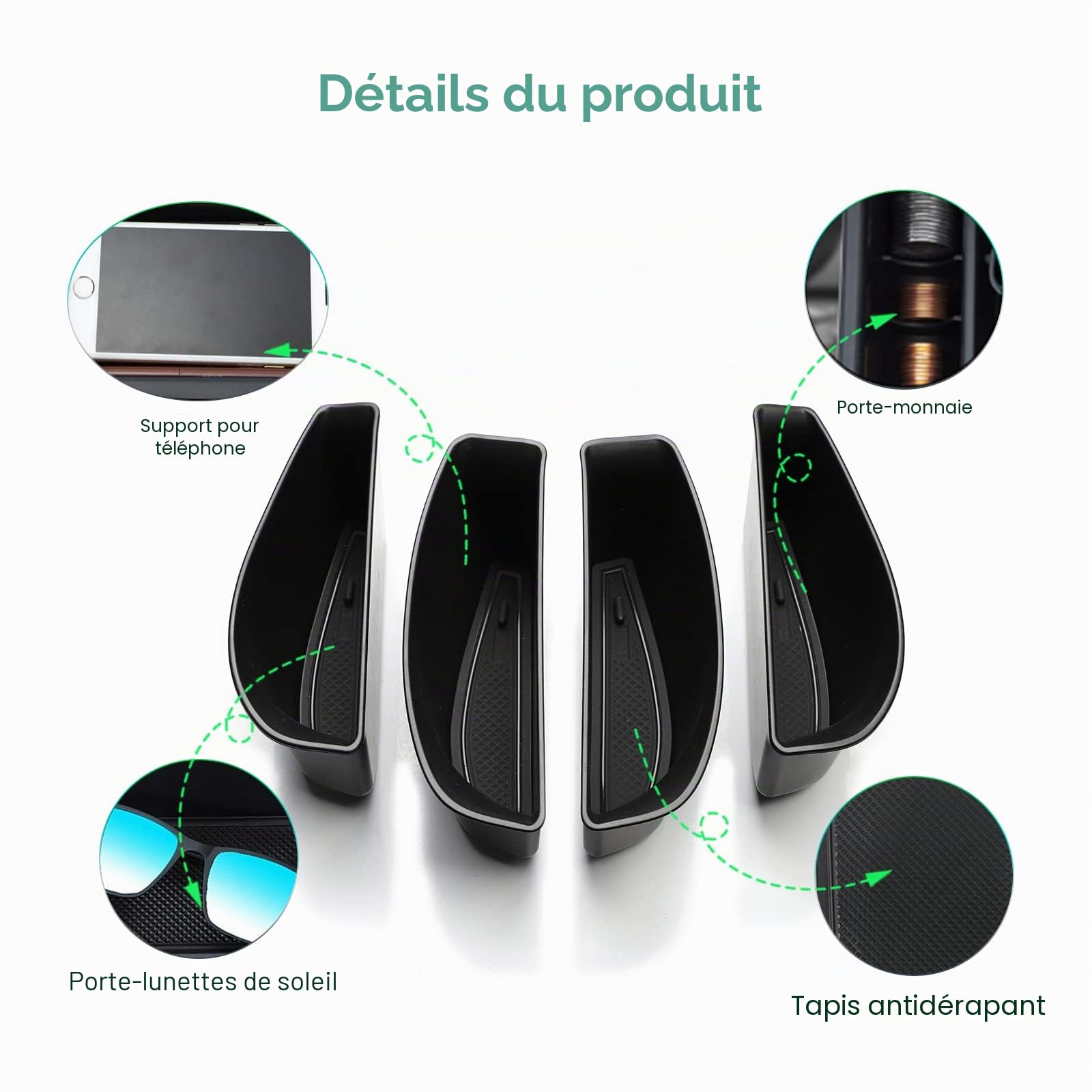 GAFAT Compatible avec VW ID.4 ID.5 GTX Pro 2021-2025 2026 Boîte de Rangement Console Centrale, Plateau Organisateur pour Boucle de Porte Accoudoir, ID4 ID5 Accessoires [Un Jeu de 4 Pièces] (Noir)
