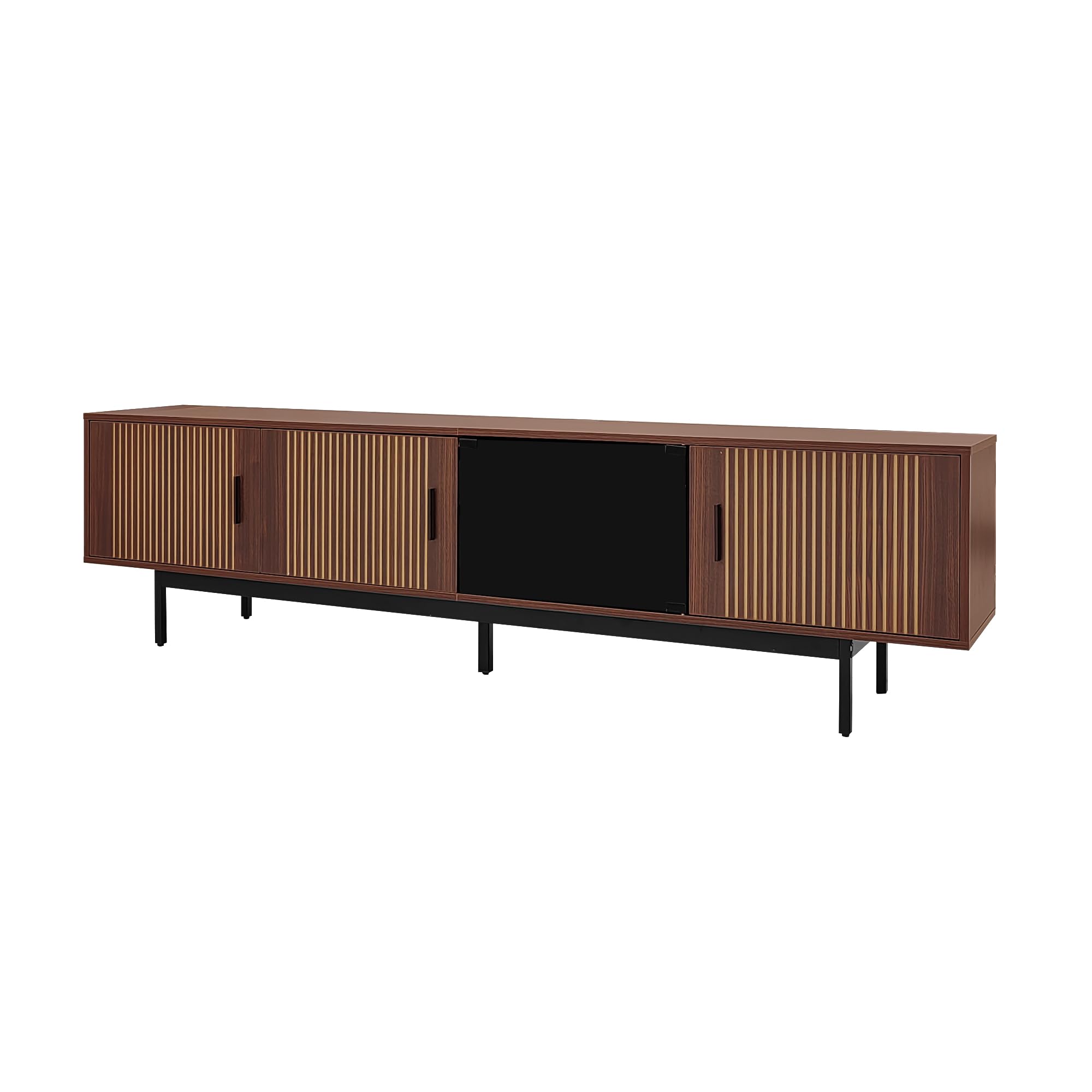 Mueble de TV 50 x 200 cm con textura tallada, puerta de vidrio templado nogal + negro