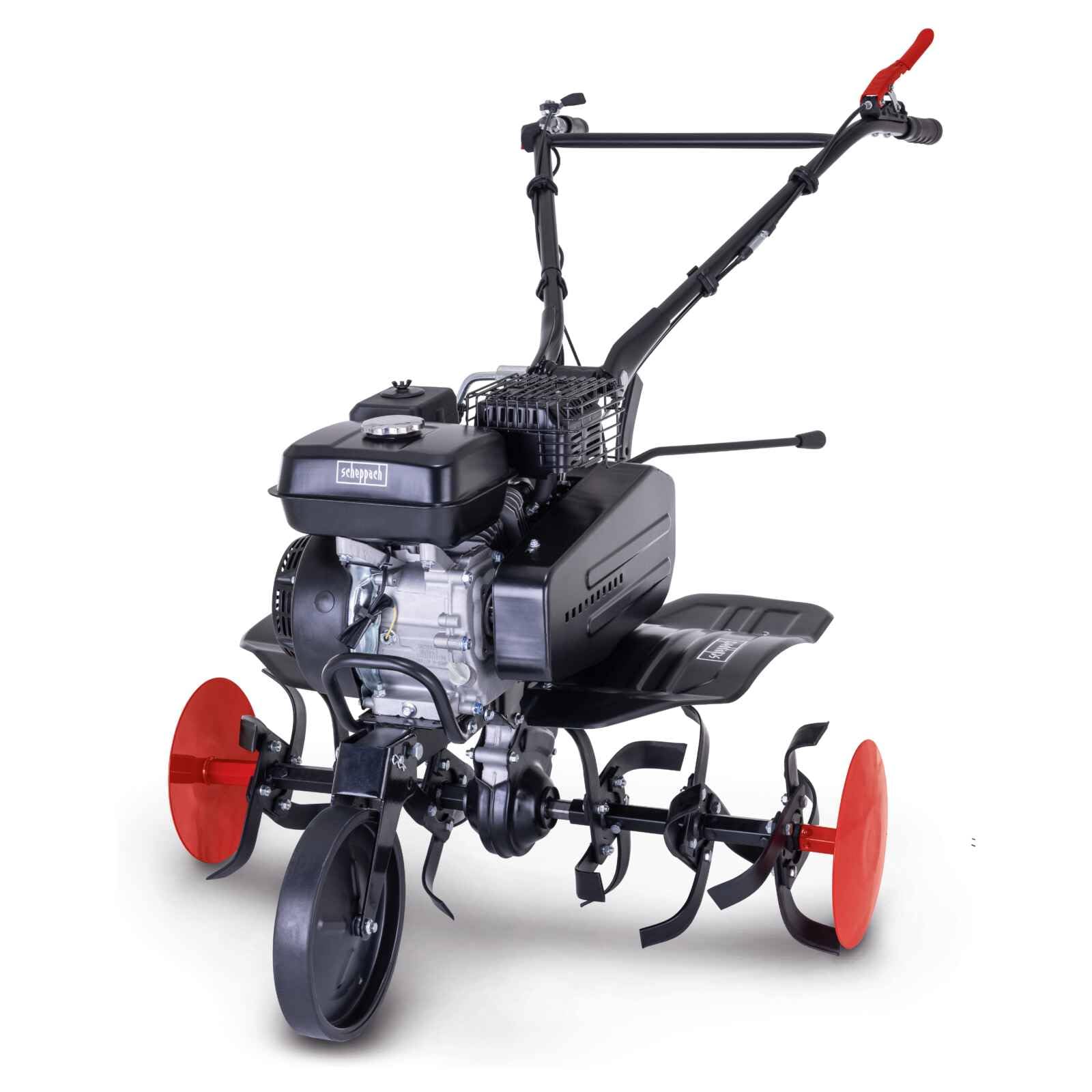 Scheppach Motobineuse Thermique MTP750 - Moteur 4 Temps - 212 cm³ - 5,7 CV - Largeur de Travail 750 mm - Fraises Ø 310 mm - 24 Couteaux - Roue de Transport escamotable - disques protège-Plantes