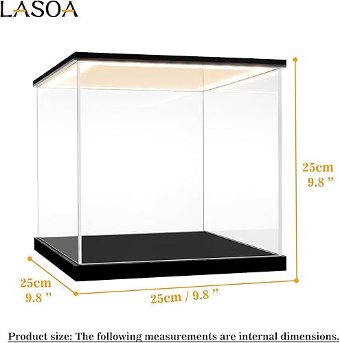 Miniatura 10 de LASOA Vitrina acrílica para coleccionables con luz LED, caja de exhibición de vidrio alternativo con base y tapa negras, escaparate de
