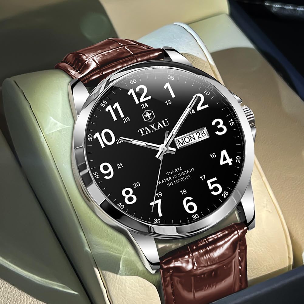 Taxau Watches for Men Luxury Analog Waterproof Classic Leather Large Face Simple Easy Read Quartz Minimalist Dress Day Date Quartz Mens Watches