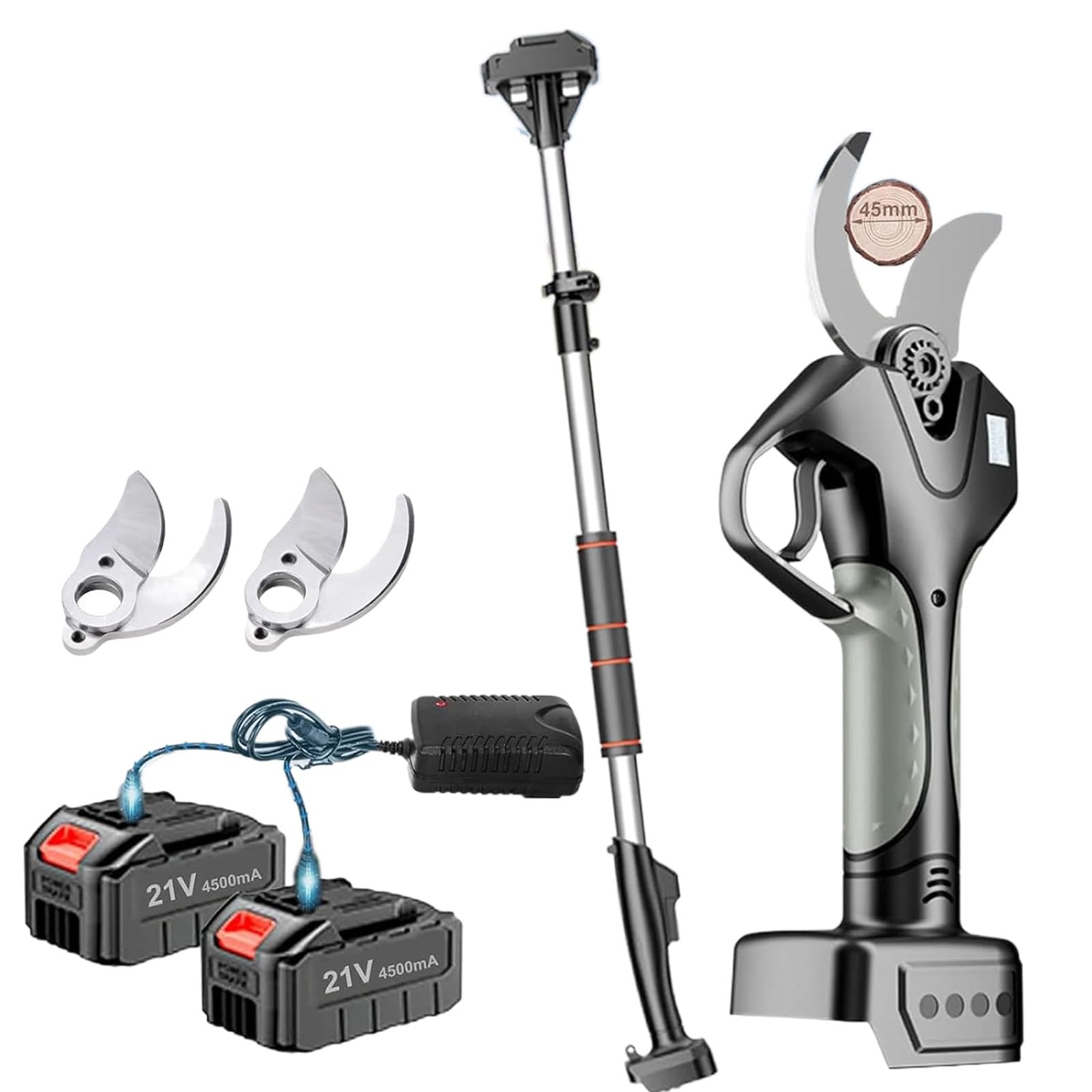 Tijeras de podar eléctricas, podadora sin cable de 40mm de diámetro de corte para jardinería con 2 baterías recargables de 21V 4500mAh y juego de cuchillas de repuesto,2batteries