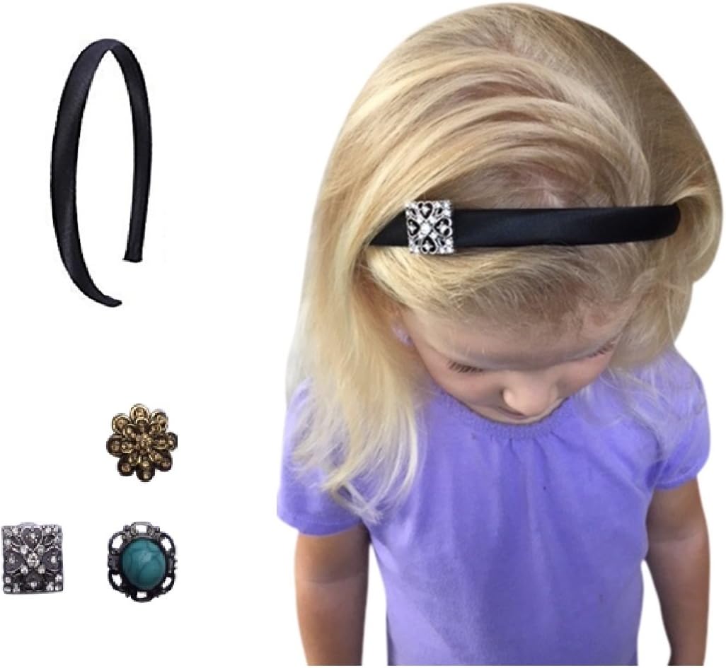 Little Girl's Black Flower Girl Headband with 3 Interchangeable Charms-Simple Silky/Satin