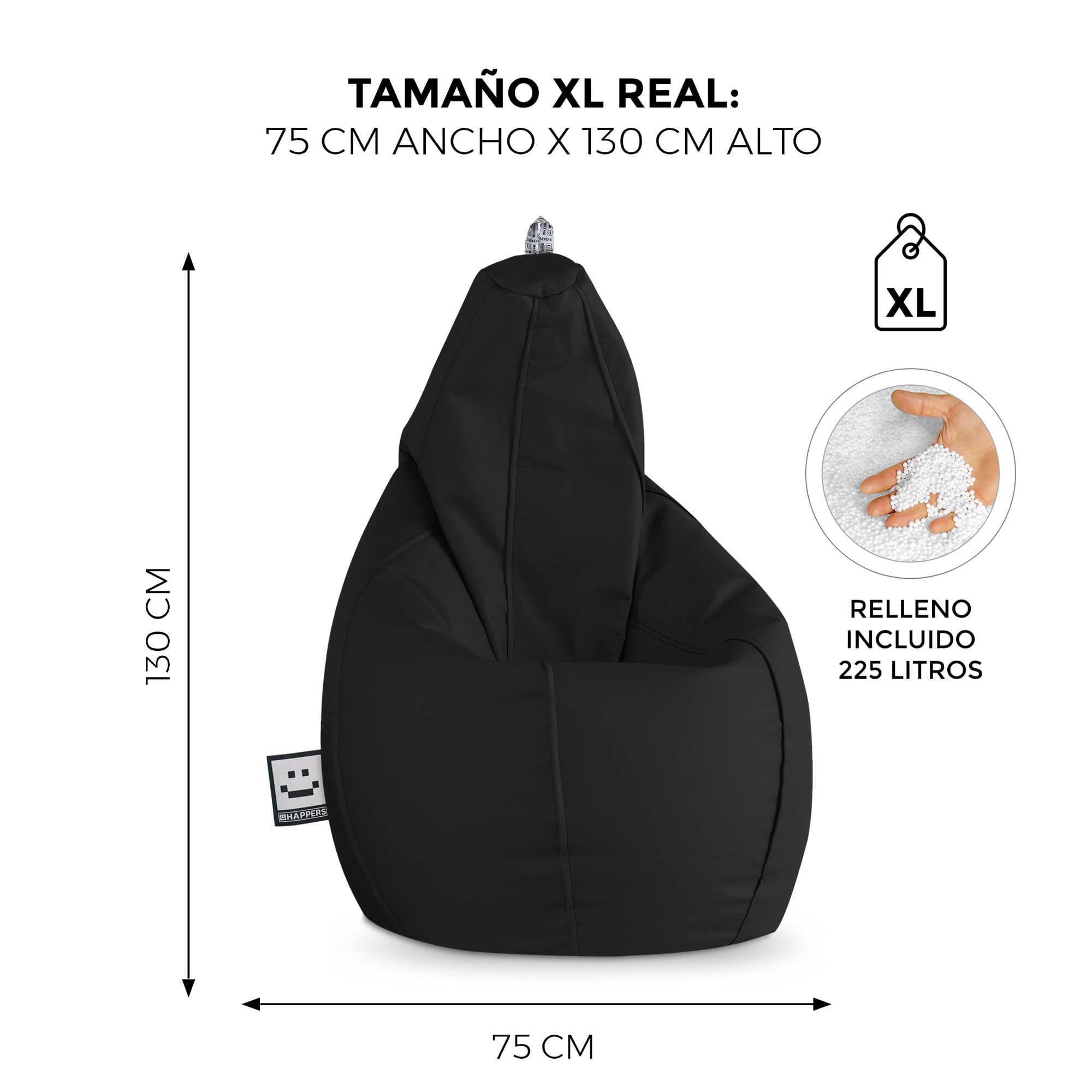 HAPPERS Puff Pera para Salón y Dormitorio con Relleno | Polipiel Alta Resistencia | Sillón Relax Ergonómico Infantil y Juvenil | Puff para Leer y Jugar | Negro 130x75 XL