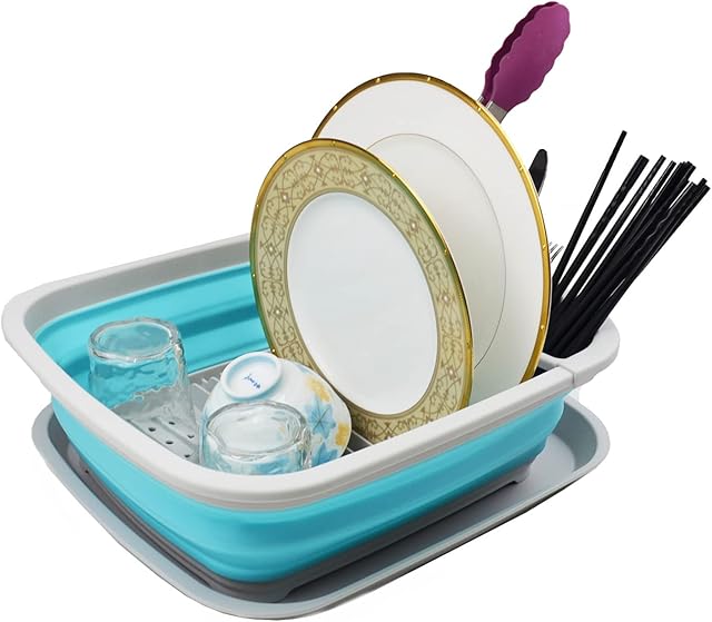 SAMMART 8L Collapsible Dish Drainer with Drainer Board - Foldable Drying Rack Set - Portable Dinnerware Organizer - Space Saving Kitchen Storage Tray (Grey/Cyanine, 1)