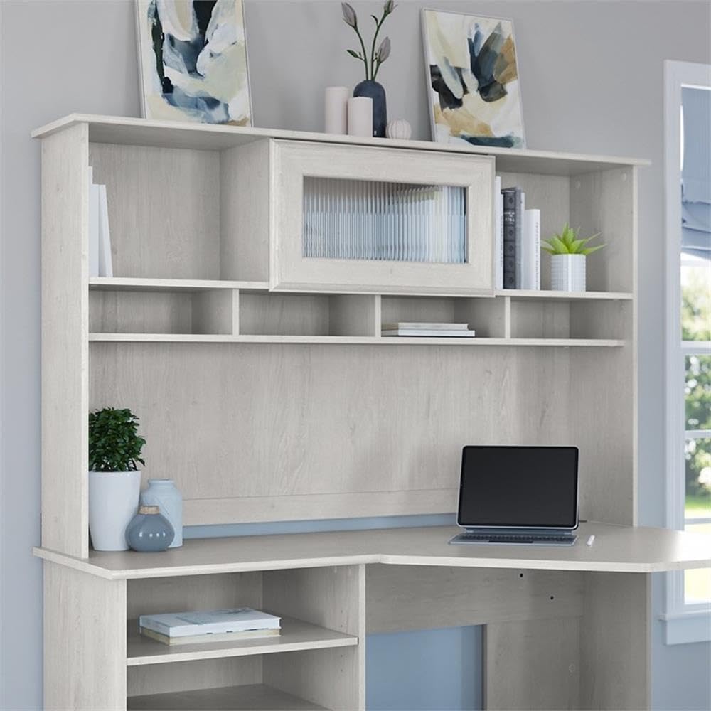 Pemberly Row Modern 60" Engineered Wood Desk Hutch, Linen White Oak Finish, Fluted Glass Door, Open Storage Shelves, Cable Management, Elegant Home Office Organization