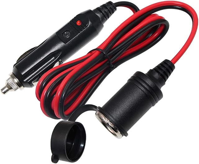 KUNCAN 12FT Car Cigarette Lighter Socket Extension Cable with Male Plug, 16AWG Heavy Duty DC Power Charger Cord with LED Lights, 15A Fused
