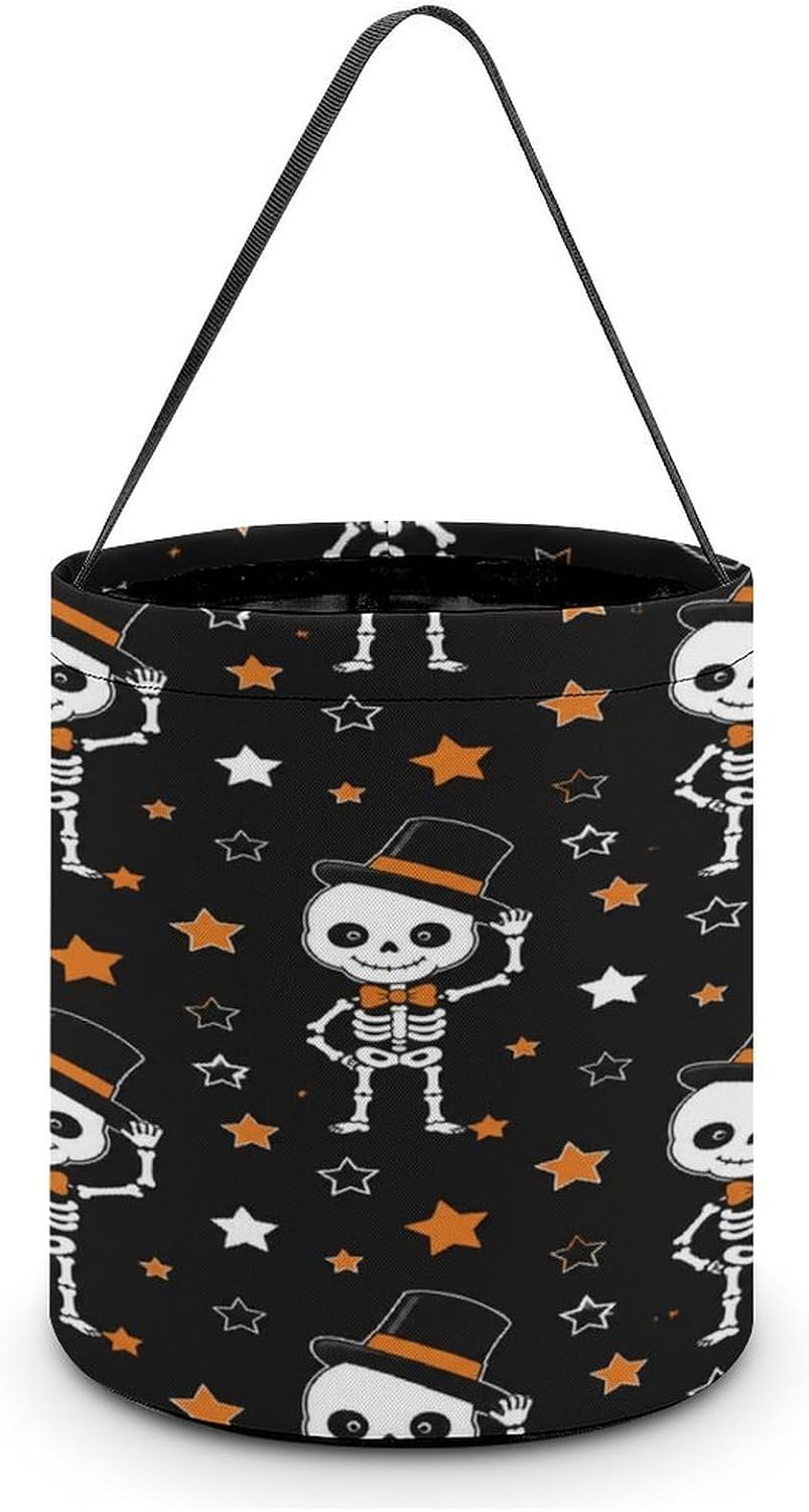 Hat Skeleton Halloween Trick Or Treat Bucket Candy Tote Hand‑held Pouch for Cosplay Theme Party Gift Storage