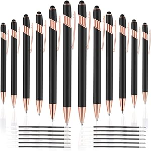 12 PCS Stylo à Bille 2 en 1, Stylo avec Pointes de Stylet, Stylo Métallique à Encre Noire 1.0 mm, 12 Stylos et 12 Recharges (Or Rose & Noir)