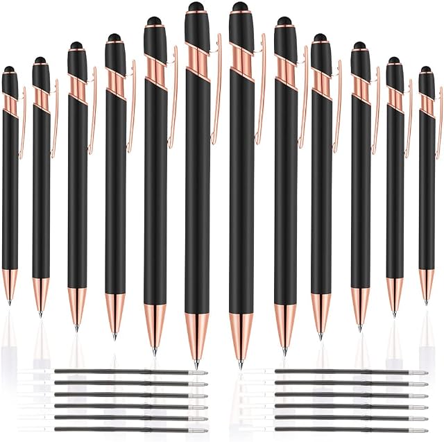 12 PCS Stylo à Bille 2 en 1, Stylo avec Pointes de Stylet, Stylo Métallique à Encre Noire 1.0 mm, 12 Stylos et 12 Recharges (Or Rose & Noir)