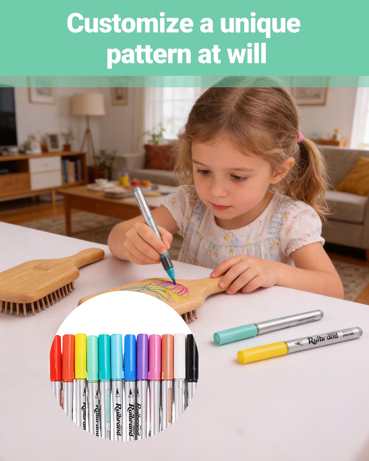 DIY Bamboo Hair Brush Painting Kit – 6 PCS Hairbrush Set with 12 Multicolor Paint Markers for Custom Decor, Scalp Massaging Detangling Hairbrushes, Creative Gift & Craft Activity