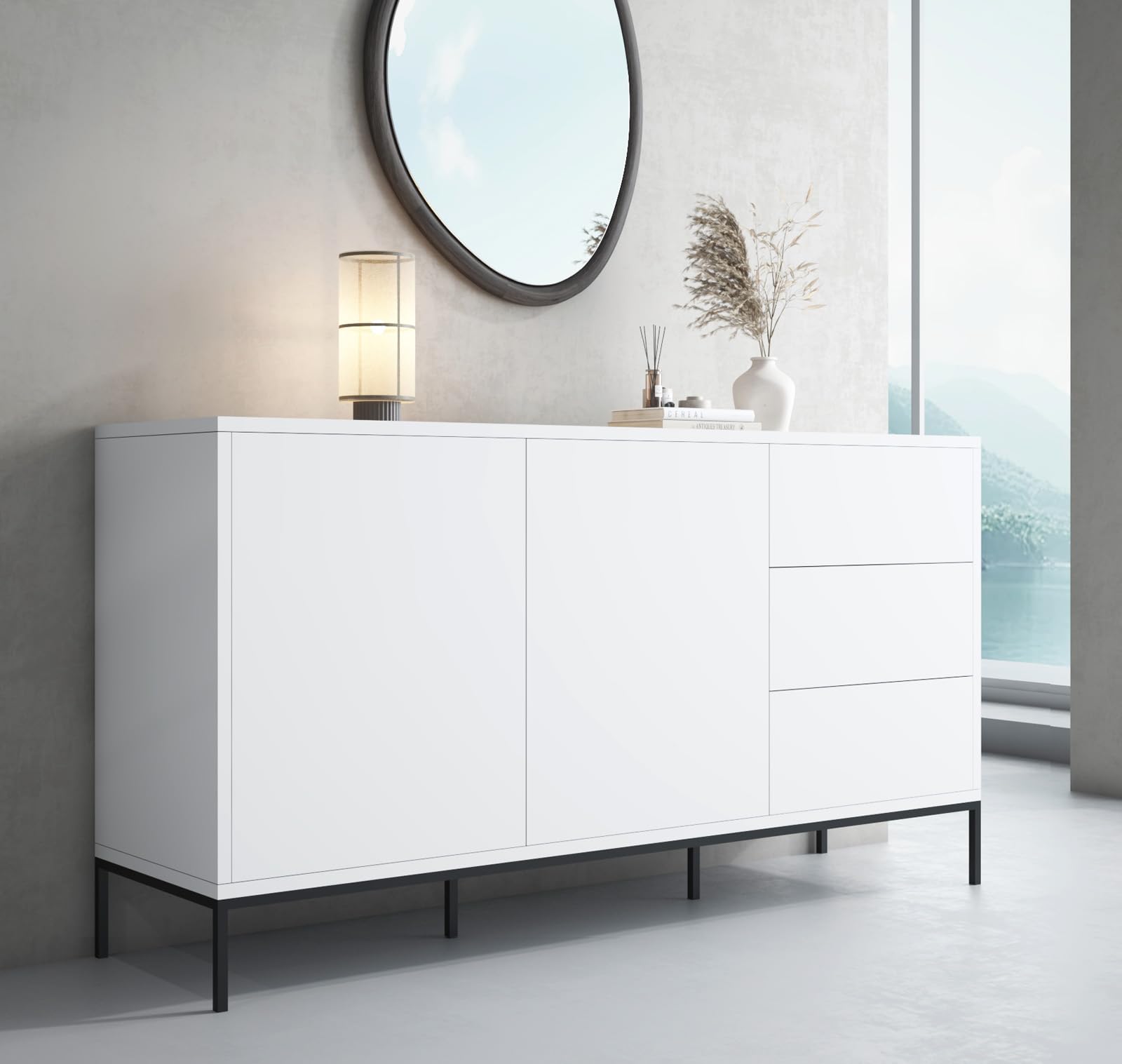 MB Muebles Bonitos | Aparador Serena para Salón Moderno | con Cajones y Patas Altas para Robot Aspirador | Color Blanco | 150x80x41 cm