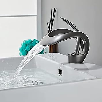 Waterfall Bathroom Counter Top Taps Bath Basin Mixer Tap Mono Brass Faucet,Grey,Low