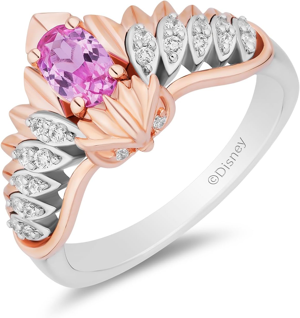 Jewelili Enchanted Disney Fine Jewelry 14K Rose Gold over Sterling Silver with 1/8 CTTW Diamonds and Created Pink Sapphire Sleeping Beauty 65th Anniversary Celebration Aurora Owl Ring