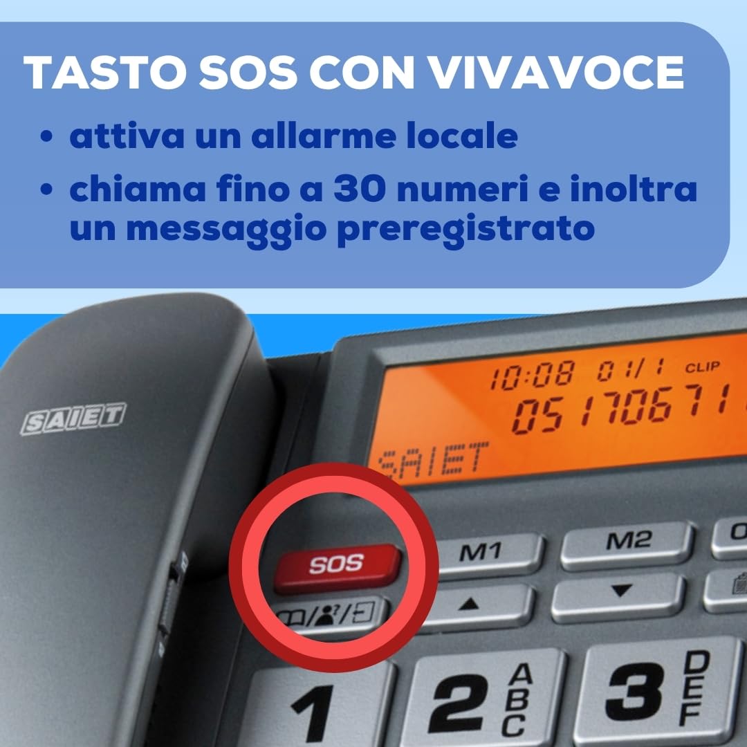 Telefono Fisso con SOS e Telecomando di Emergenza, Tasti Parlanti, SAIET | FAMILY TELE SOS con Display LCD Retroilluminato, Annuncio Vocale del Chiamante, Vivavoce e Rubrica fino a 30 Contatti