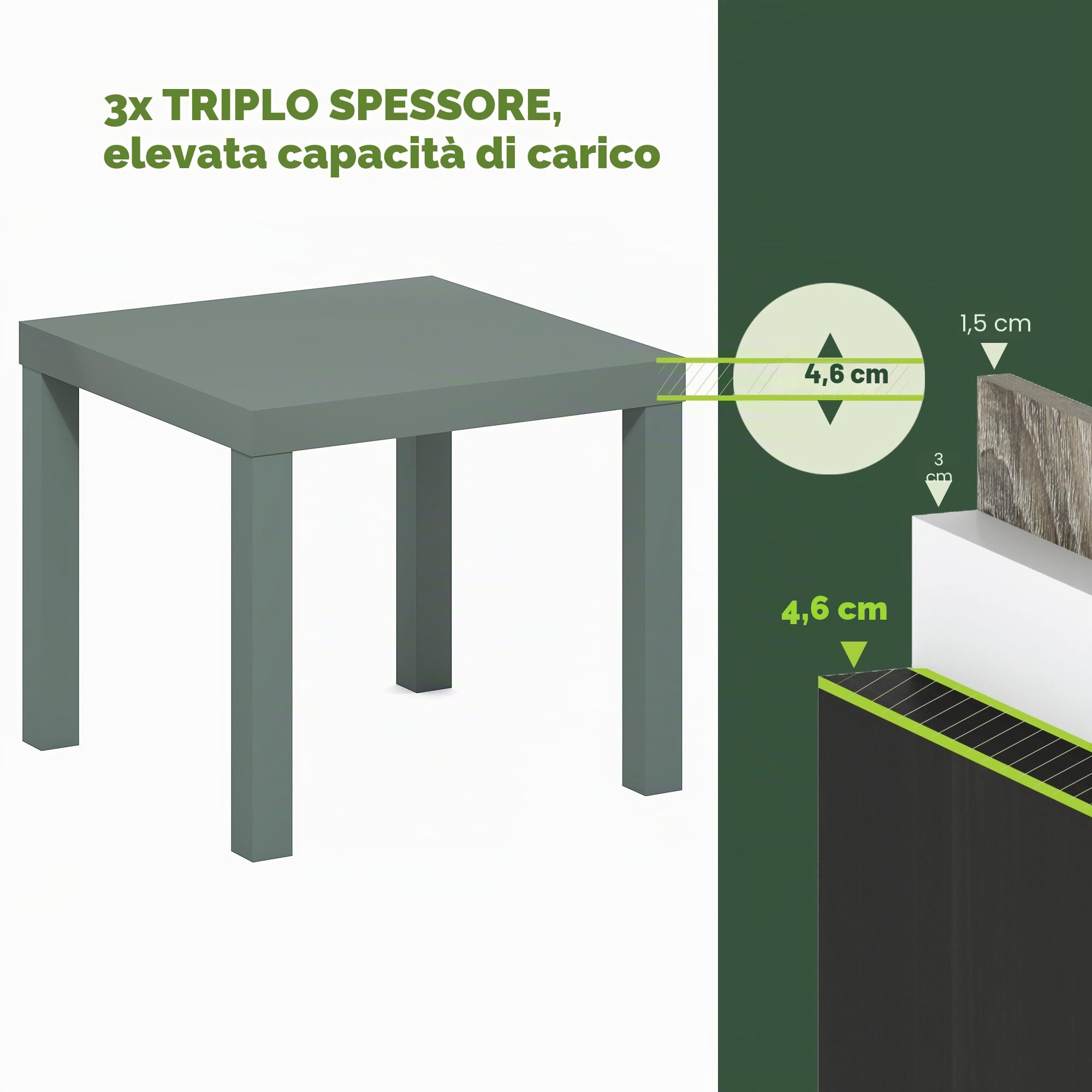 Furinno CLASSIC tavolino laterale, tavolino quadrato, comodino con piano spesso 1.8", tavolino da notte, tavolino da letto, per soggiorno, camera da letto, verde salvia