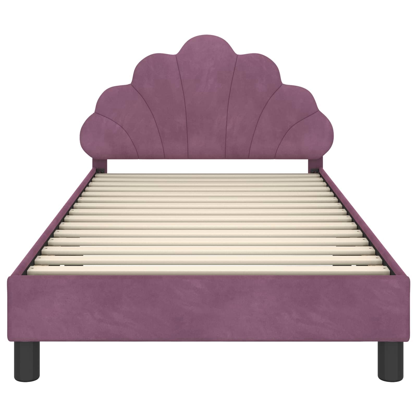 Moderno marco de cama con cabecero en color morado, 90 x 190 cm, tapizado de terciopelo, somier de láminas estable y prácticos compartimentos para libros, 4 piezas