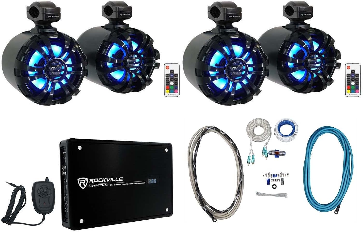 Rockville WB65KLED Bundle: (4) 6.5 in 600W Black Wakeboard LED Tower Speakers, Krypton MF3 1600W Peak/400W RMS 4 Channel Marine Amplifier, RMWK4 4 AWG Marine Install Kit, 5-Items