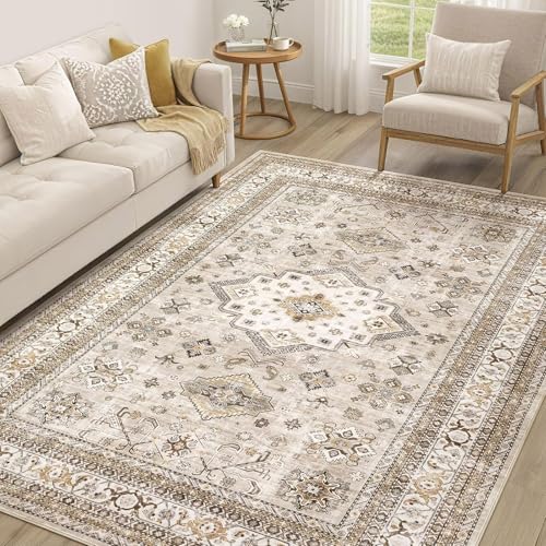 Tapis oriental vintage à aspect vieilli - Tapis rectangulaire à poils courts pour chaise de bureau - Décoration rustique traditionnelle - 90 x 120 cm - Beige