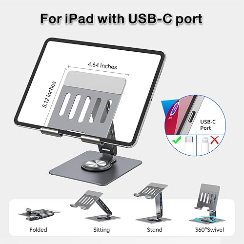 Miniatura 2 de Adjustable Tablet Stand with USBC Hub 7-in-1, Aluminum Tablet Holder with Docking Station, 360° Swivel Base, 4K HDMI, 100W PD Charging, USB 3.0,
