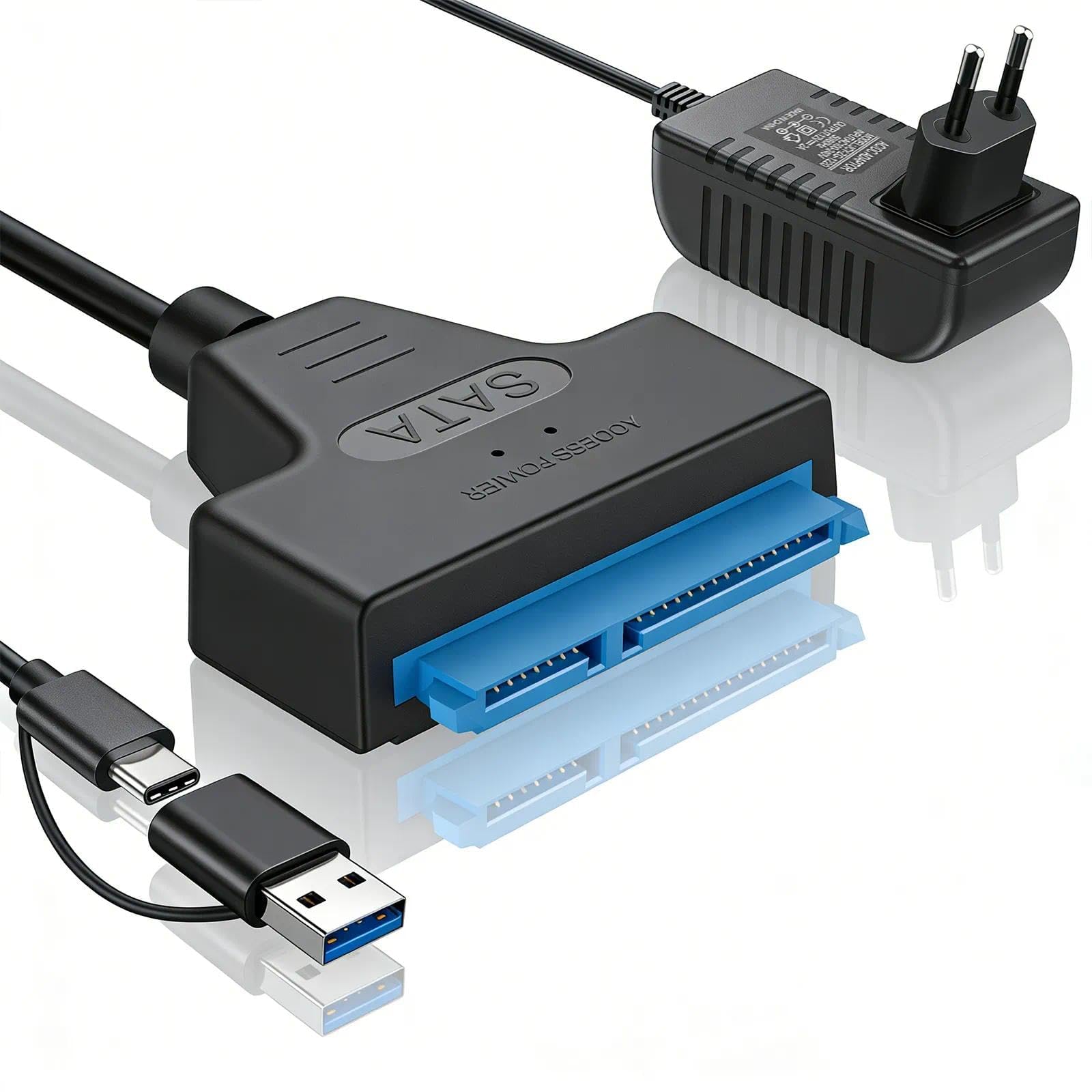 Adattatore SATA USB, Cavo 2-in-1 USB-C/USB 3.0 a SATA, per Dischi Rigidi SSD/HDD 2,5/3,5 Pollici con Alimentatore 12V 2A