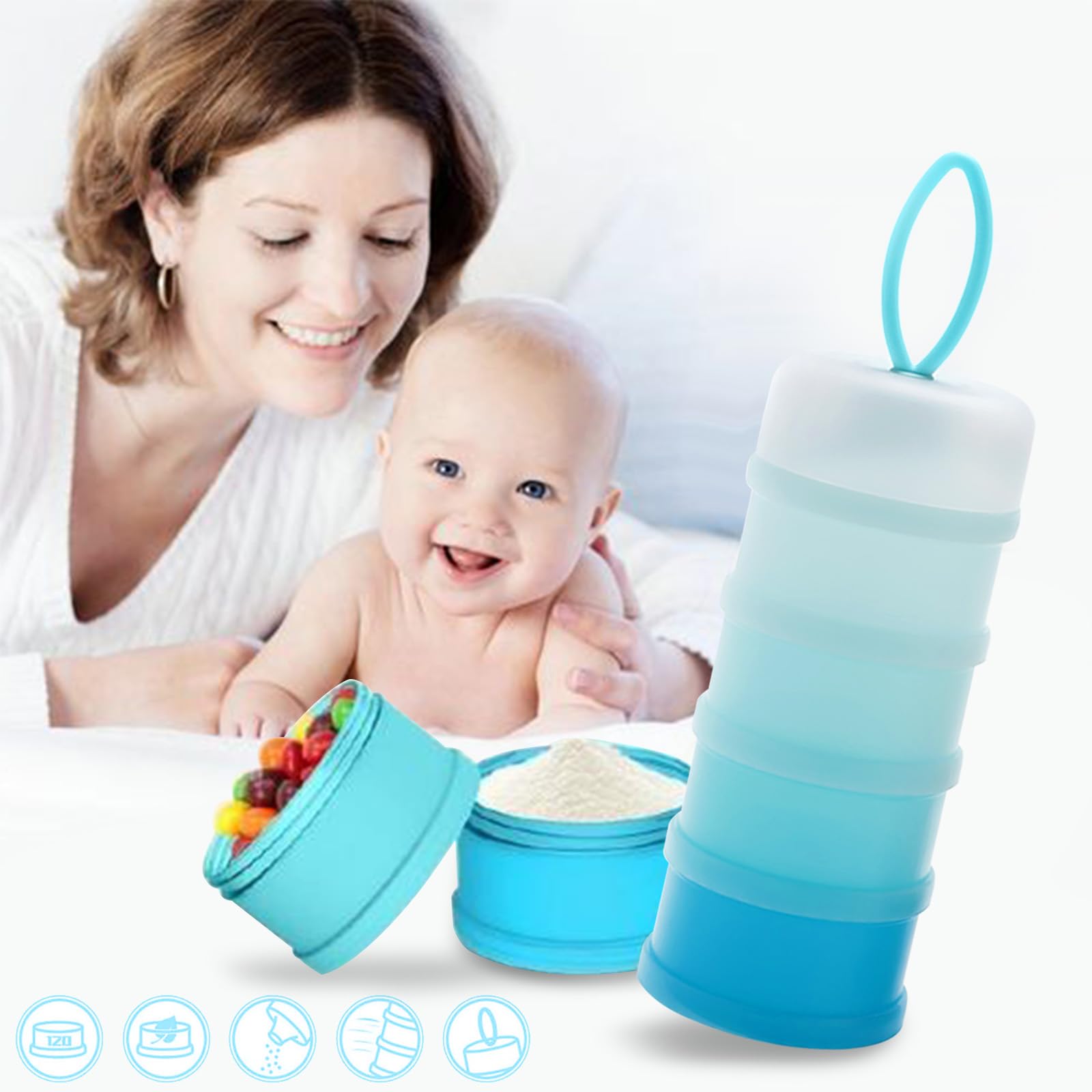 Queta Infant Milk Powder Dispenser, 480ml Stackable Baby Food, 4 Layers Portable Milk Powder Container/Grain/Food/Fruit/Snacks (blu)