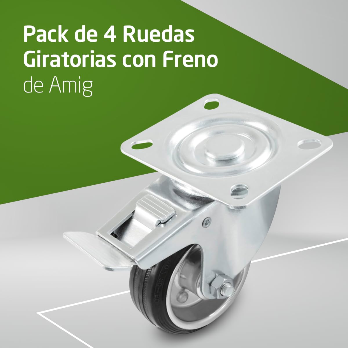 Amig - Pack de 4 Ruedas para Muebles - Ø 125 mm - Carga Máxima por rueda 120 kg - Pletina de Acero - Fabricada con Goma - Con Freno - Ideales para Mover Equipos Industriales y Muebles Pesados