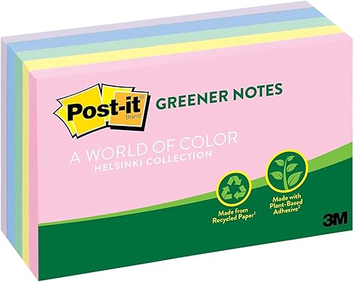 Miniatura 2 de 3M 655RPA Post-it Greener Notes, 3 x 5, 100 shtsbloc, colores Helsinki, 5 unidades