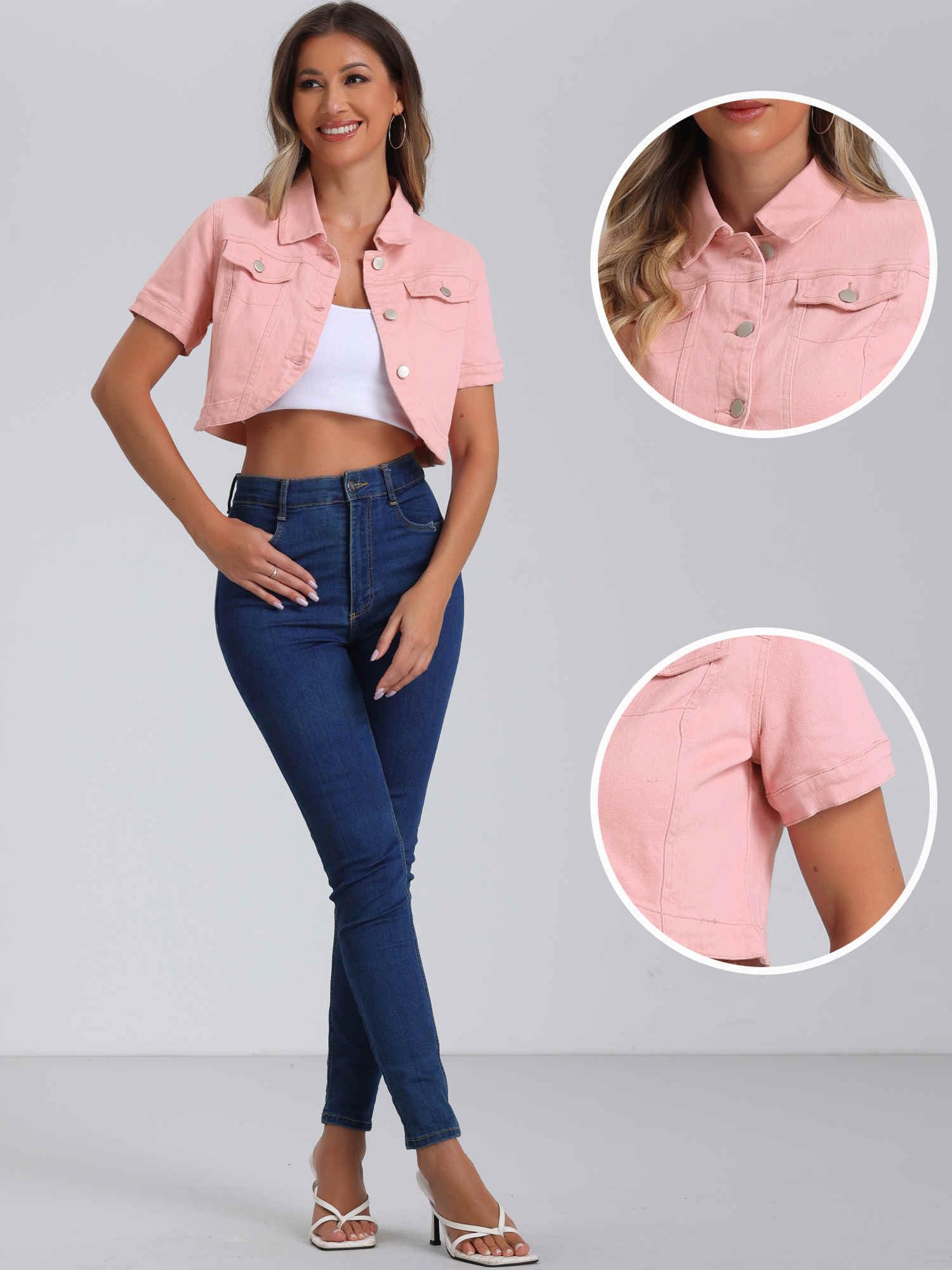 Allegra K Blouson en Jean Court Femme Veste Court en Denim Délavé Décontractée Col Rabattu Manches Courtes Boléro Vintage