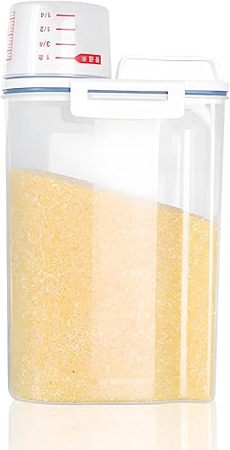 Contenedor de almacenamiento de arroz de 4.4 lbs de alimentos secos herméticos con tapa de taza medidora, caja dispensadora de granos transparente