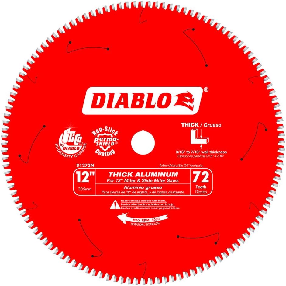 Diablo Saw Blade for Thick Aluminum-12" Diameter, 72 TCG Teeth, 1" Arbor, .11" Kerf, -5° Hook Angle, .087" Plate, 5000 Max RPM - D1272N
