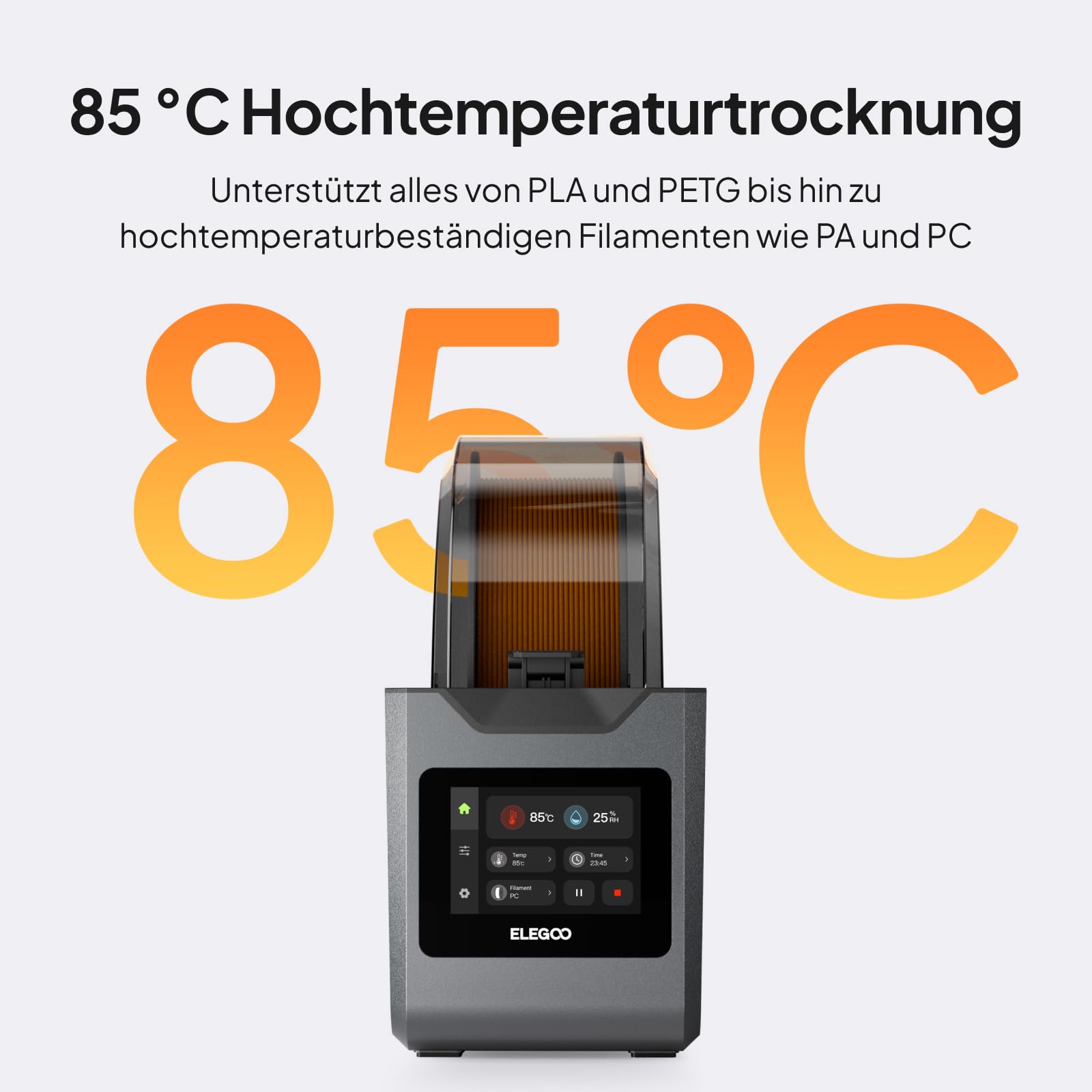Elegoo H1 HT Filament-Trockner,85 °C Hochtemperaturtrocknung,Rotierende Spule für gleichmäßiges Trocknen,Automatische Feuchtigkeitsentlüftung,für PLA, PETG, TPU, ABS und ASA