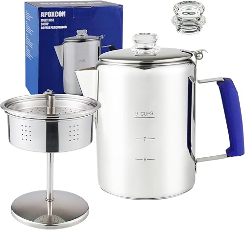 Cafetera de percolador multiuso, cafetera de acero inoxidable con dos pomos de vidrio de borosilicato, mango de sílice, cafetera para camping, uso