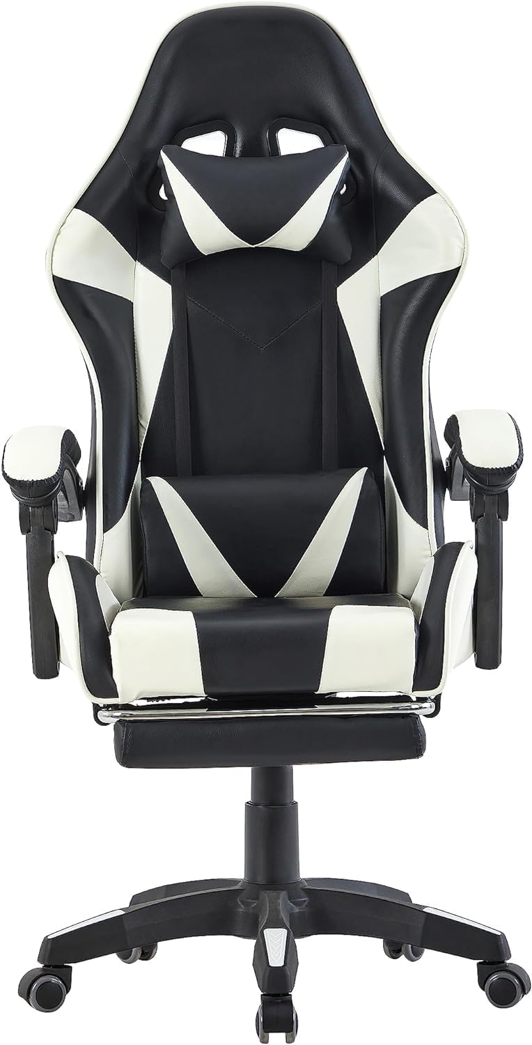 Chaise Gaming BestOffice Ergonomique - Appui-Tête Et Coussin Lombaire Réglables, Blanc